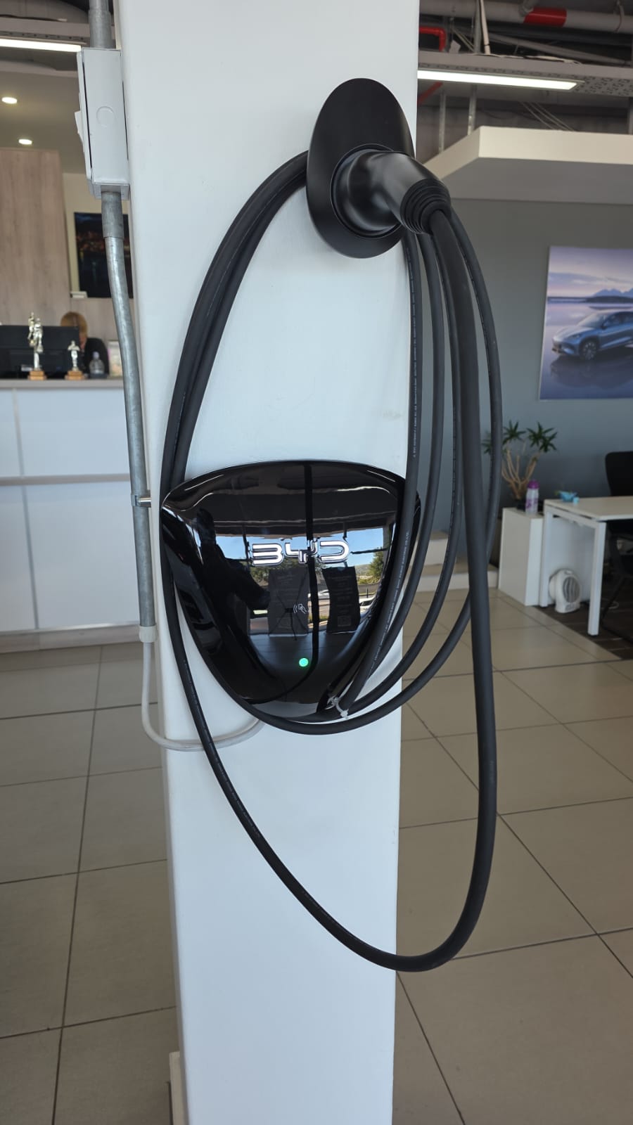 BYD charger installed on a showroom column at a dealership