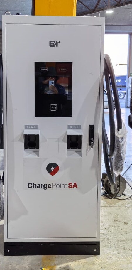 ChargePointSA DC fast charger with dual CCS2 connectors at a commercial site